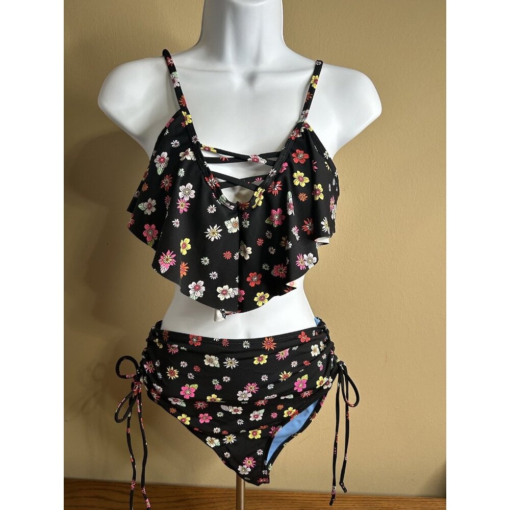 California Waves‎ Black Rainbow bikini Top M Bottom XL